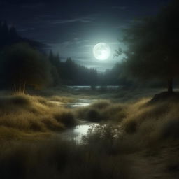 Produce an ephemeral, enhanced, and realistic image of a serene scene under the radiant glow of the moonlight, subtly illuminating the landscape.