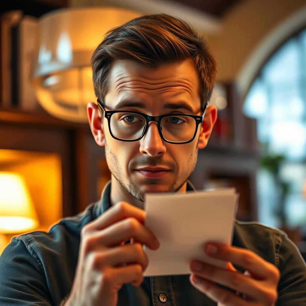 A man wearing glasses, holding a small piece of paper in his hand