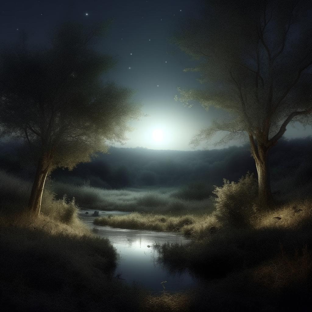 Produce an ephemeral, enhanced, and realistic image of a serene scene under the radiant glow of the moonlight, subtly illuminating the landscape.