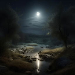 Produce an ephemeral, enhanced, and realistic image of a serene scene under the radiant glow of the moonlight, subtly illuminating the landscape.