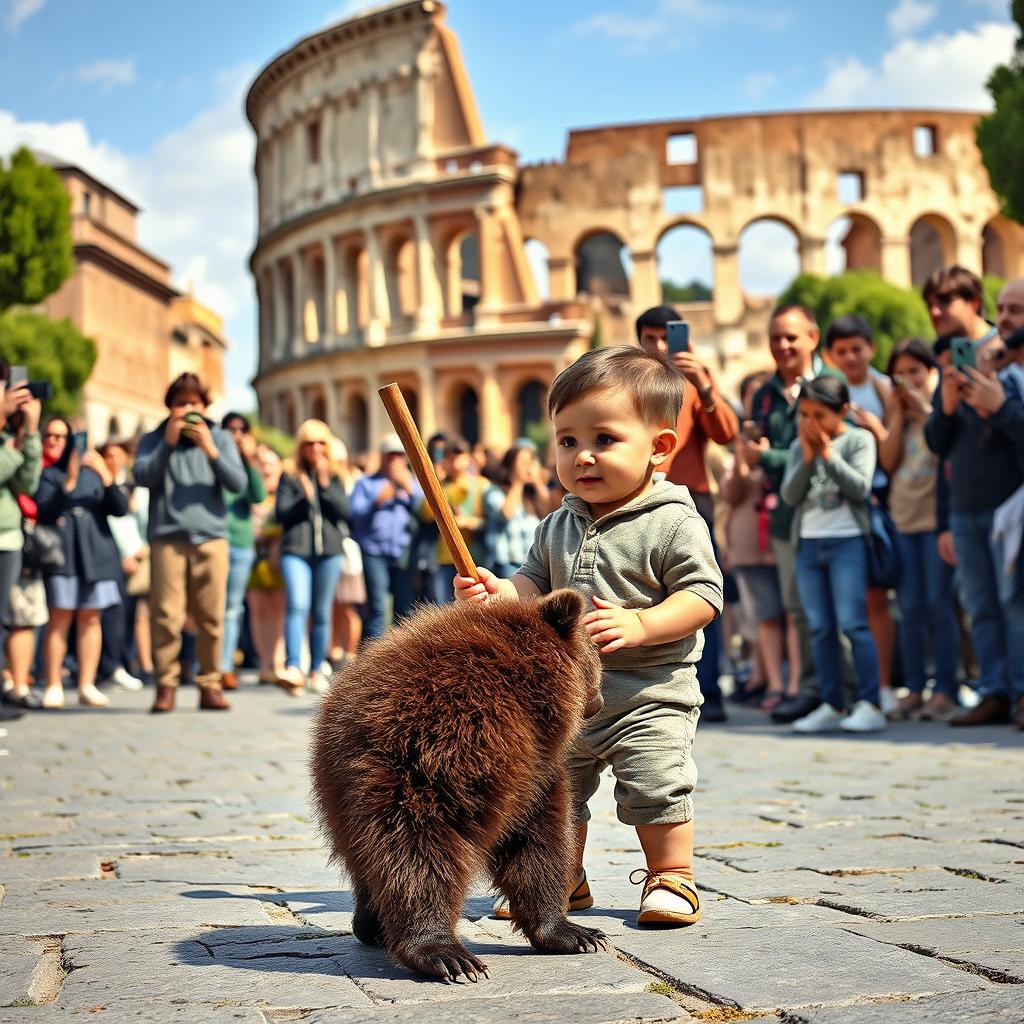 A realistic scene set in a bustling Roman landscape, featuring a one-year-old child holding a stick as if preparing to confront a small bear