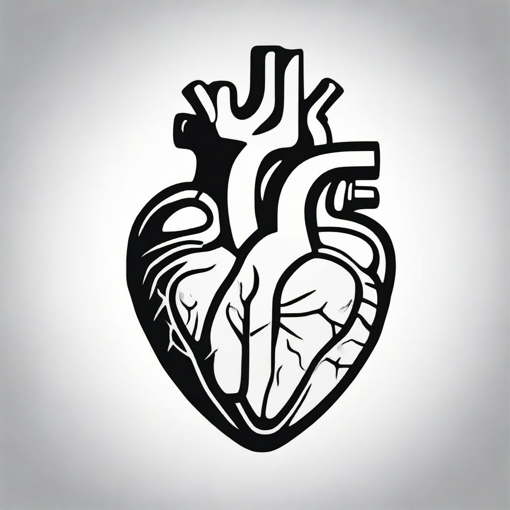 A high contrast, black and white vector-style illustration of a pendant in the shape of an anatomical heart on a white background. Maintain a simple, flat design and line art style without any colors.