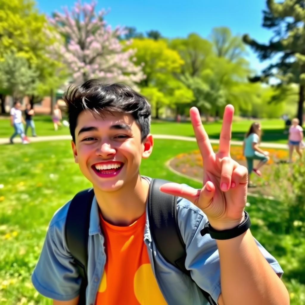 A person smiling widely while making a peace sign with one hand, their other hand gestured in a friendly pose, dressed in casual, colorful clothing
