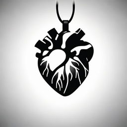 A high contrast, black and white vector-style illustration of a pendant in the shape of an anatomical heart on a white background. Maintain a simple, flat design and line art style without any colors.