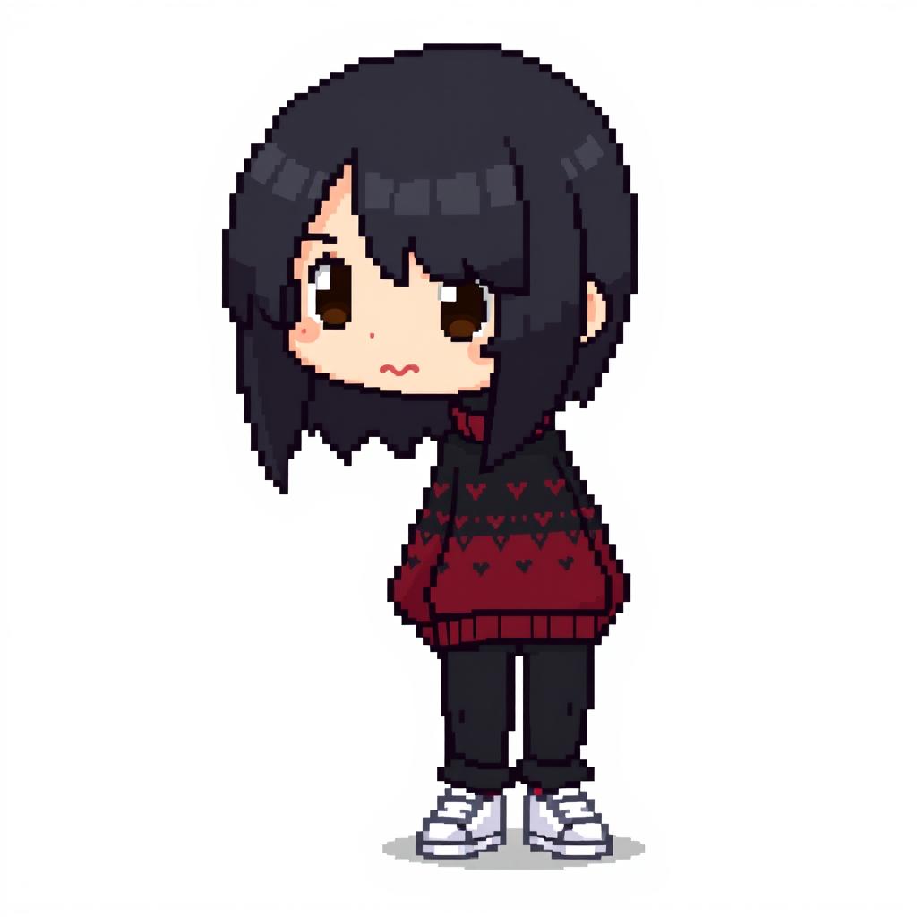 A pixel art character with black shoulder-length hair and brown eyes, depicted in a playful and humorous demeanor