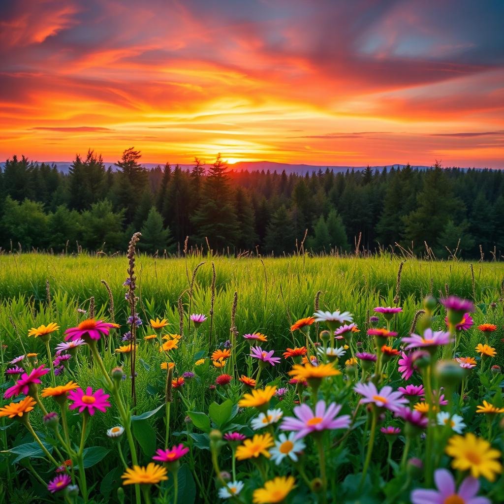 An image with a 16:9 aspect ratio featuring a lush green landscape at sunset