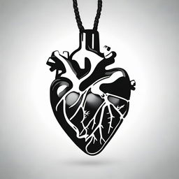 A high contrast, black and white vector-style illustration of a pendant in the shape of an anatomical heart on a white background. Maintain a simple, flat design and line art style without any colors.