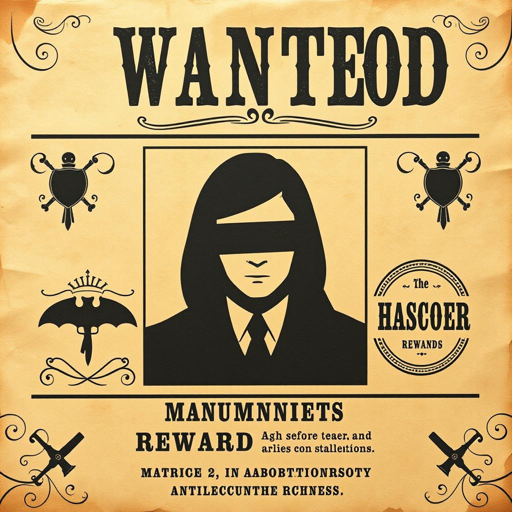 A vintage-style wanted poster featuring a mysterious person with a black bar over their eyes