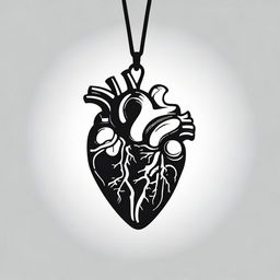 A high contrast, black and white vector-style illustration of a pendant in the shape of an anatomical heart on a white background. Maintain a simple, flat design and line art style without any colors.