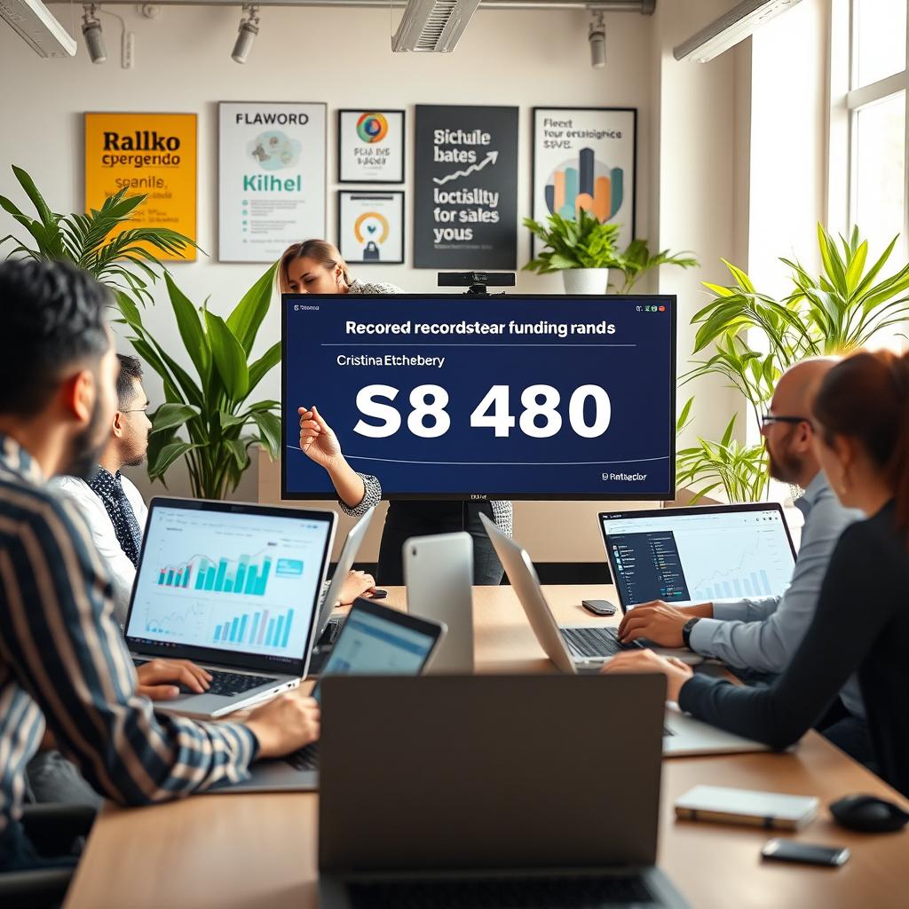 A vibrant and dynamic fintech office scene led by a confident female leader, Cristina Etcheberry, who is presenting an impressive graphic showing a record-breaking funding round of USD 48 million