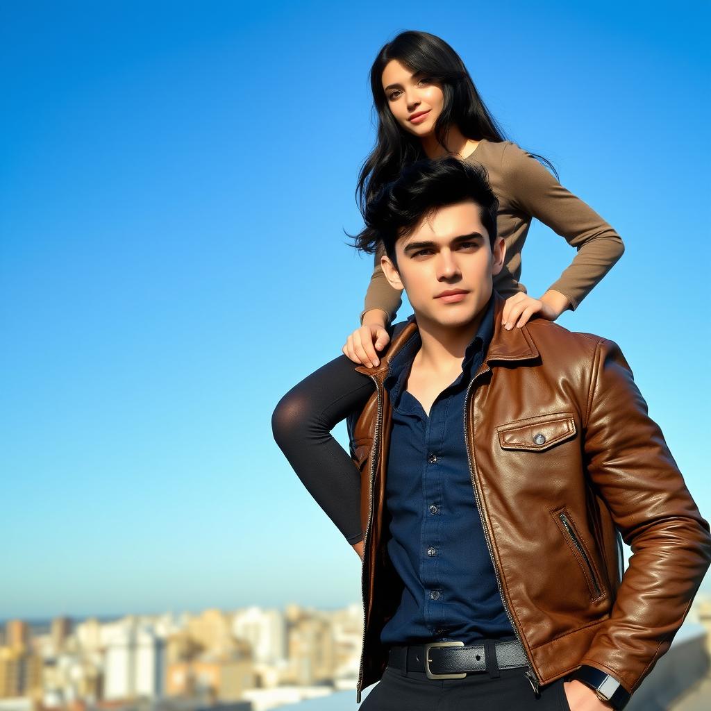 A scene depicting a 25-year-old handsome man with broad shoulders and a muscular build, short black hair, and dark blue eyes