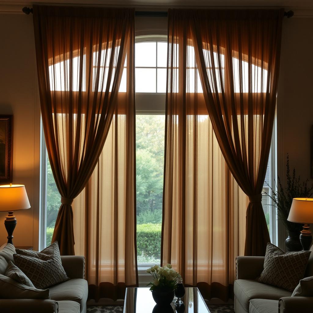 A cozy living room featuring large lower windows adorned with elegant brown theme curtains that cascade down, beautifully framing the view outside