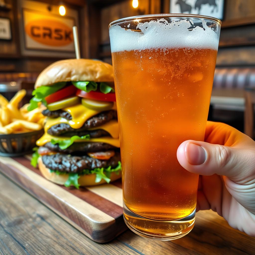 A delicious smash burger served on a wooden board, with juicy beef patties, melted cheese, fresh lettuce, and ripe tomatoes, topped with pickles and special sauce, accompanied by a crisp golden french fries