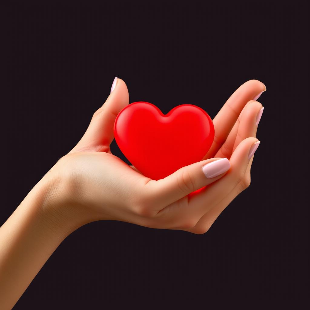 A delicate female hand gently cradling a vibrant red heart, symbolizing love and affection