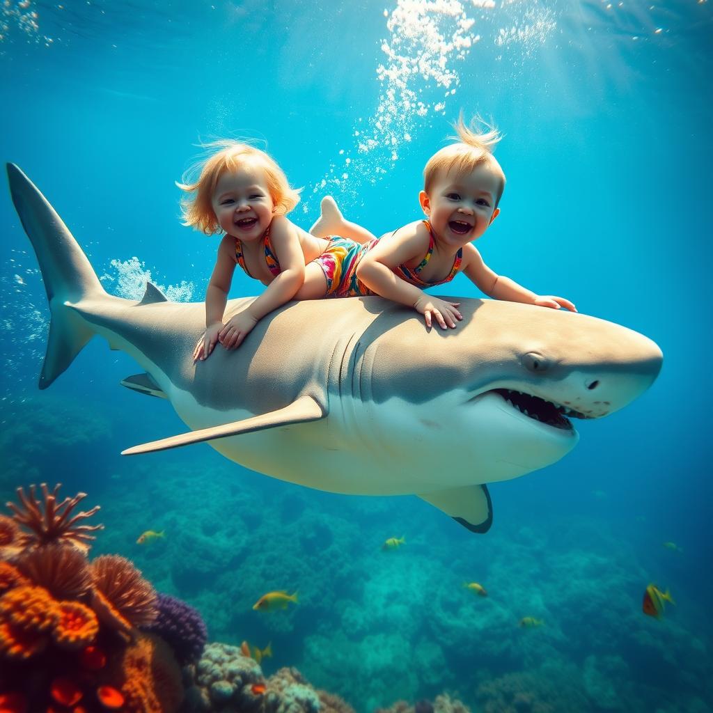 A child joyfully playing on top of a shark, the scene is lively and vibrant, capturing the essence of fun and adventure