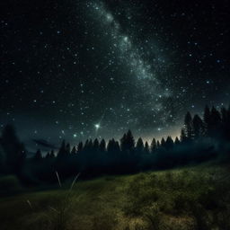 Create a realistic and enhanced image showcasing an ephemeral, starry scene under the moonlight with shooting stars, constellations and a radiant moon in a dark night sky.