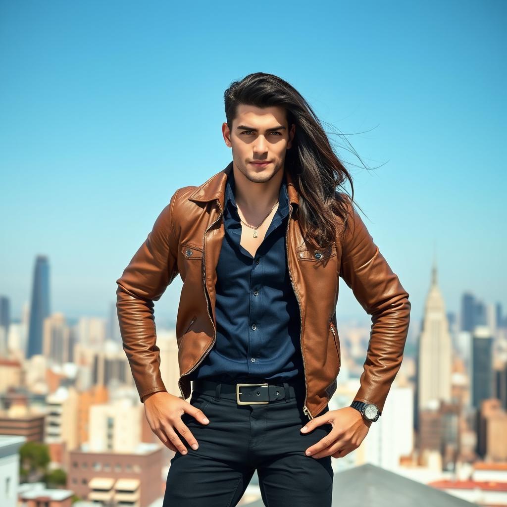 A dynamic scene featuring a 25-year-old handsome man with broad shoulders, a muscular build, short black hair, and captivating dark blue eyes