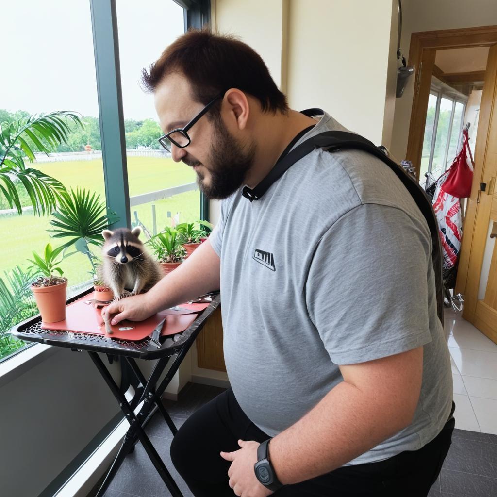 Could you add a raccoon on this person's shoulder in this picture?