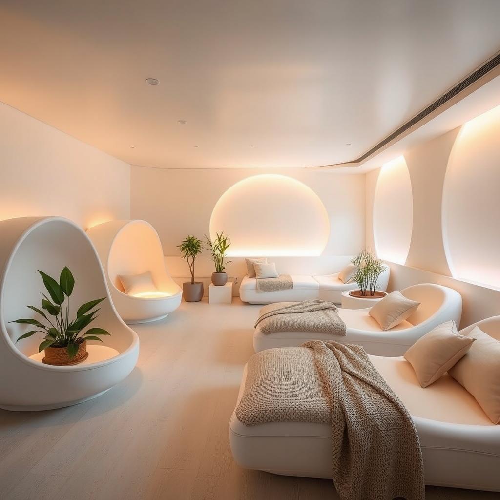 A serene and modern anti-lag room designed for relaxation and comfort, featuring cozy pods with soft lighting, plush cushions, and calming colors
