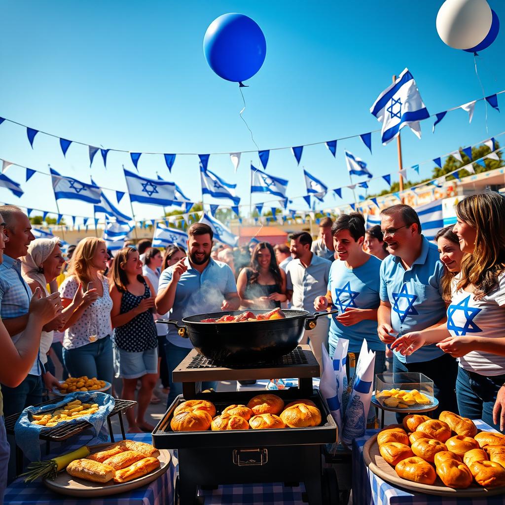 A festive outdoor celebration scene during Yom Ha'atzmaut, featuring a central barbecue grill with sizzling meat and smoke rising