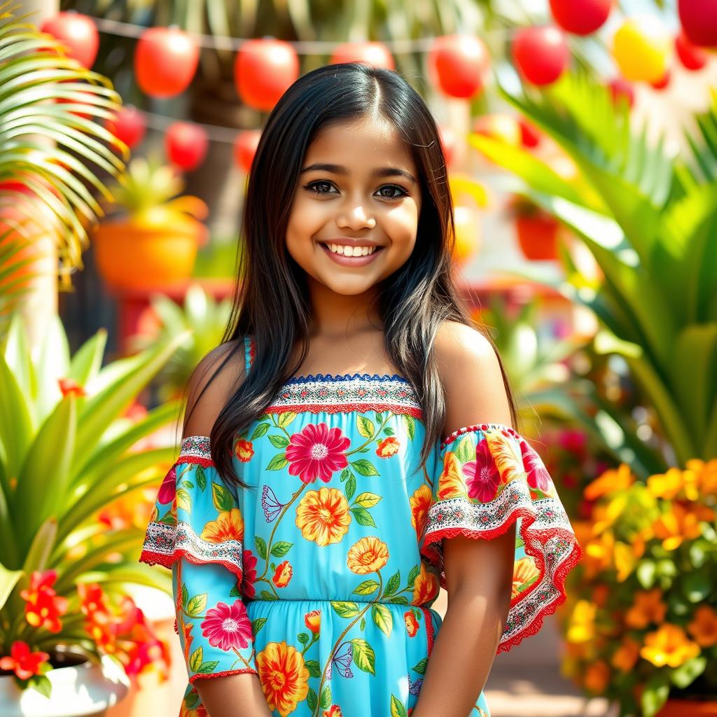 A beautiful Latin girl with long dark hair and warm brown skin, wearing a vibrant, colorful traditional dress adorned with floral patterns