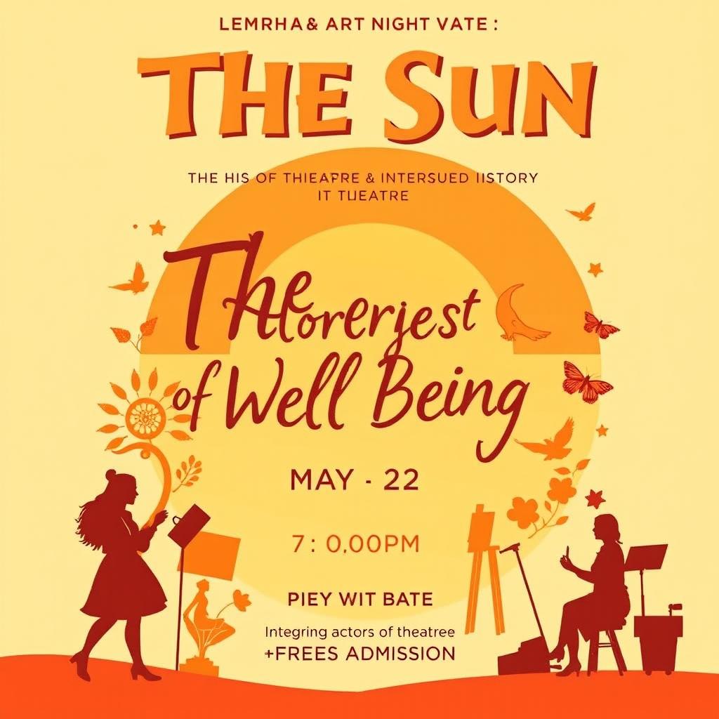 A vibrant, inviting poster for a drama and art night event titled 'The Sun: Stories of Well Being'