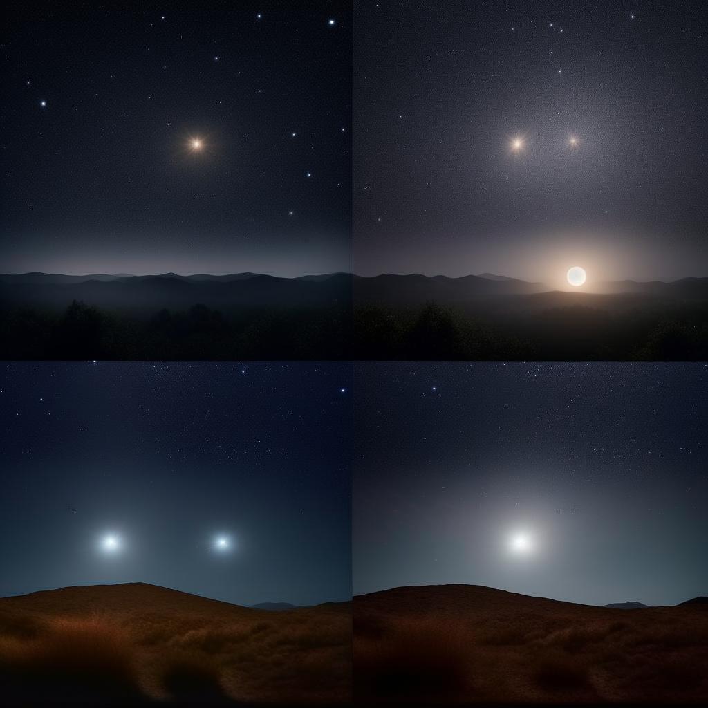 Provide a series of enhanced and realistic images capturing the ephemeral beauty of a starry night under the moonlight, showcasing the sequence from moonrise to moonset.