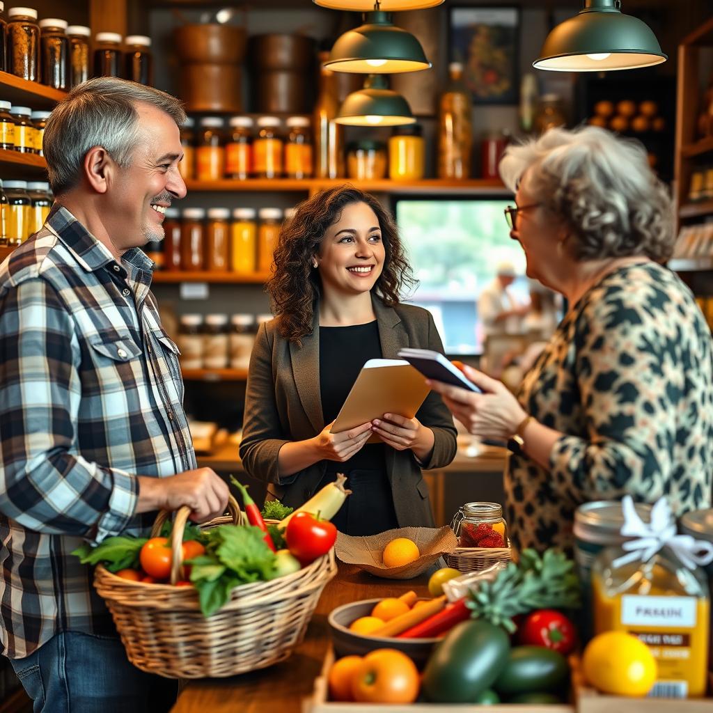 Three people negotiating in a quaint grocery store