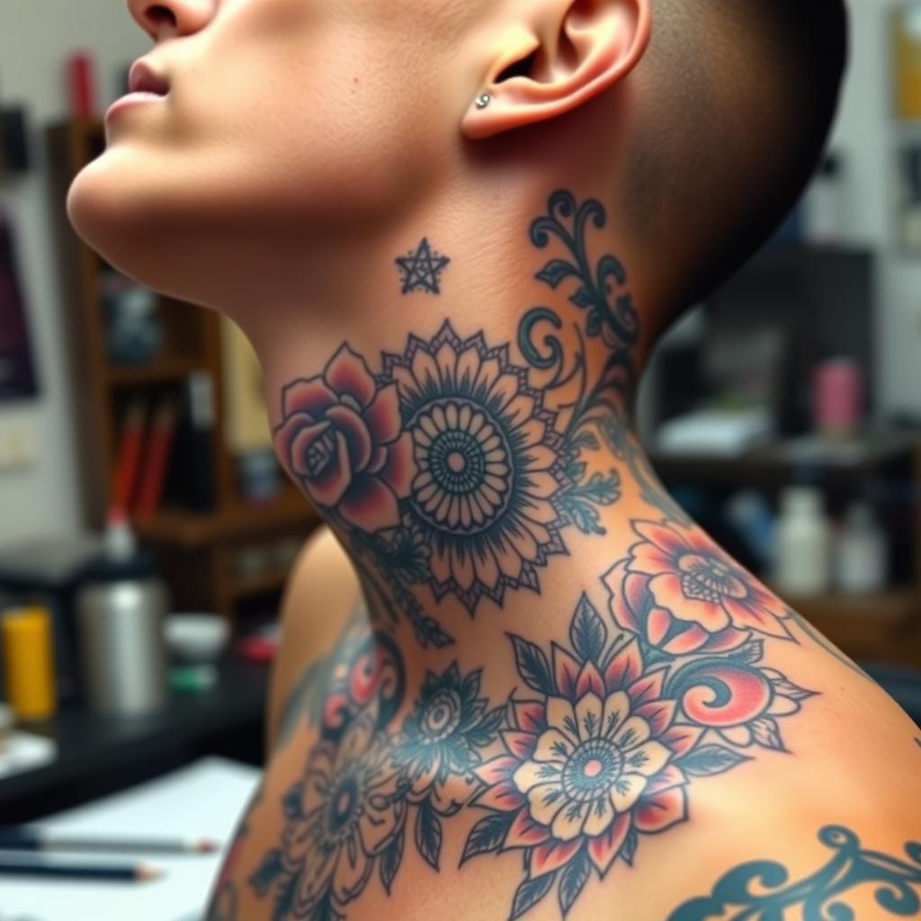 A detailed and intricate full neck tattoo that covers the entire neck, featuring a blend of floral and geometric designs, with an emphasis on bold lines and vibrant colors