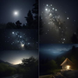 Provide a series of enhanced and realistic images capturing the ephemeral beauty of a starry night under the moonlight, showcasing the sequence from moonrise to moonset.