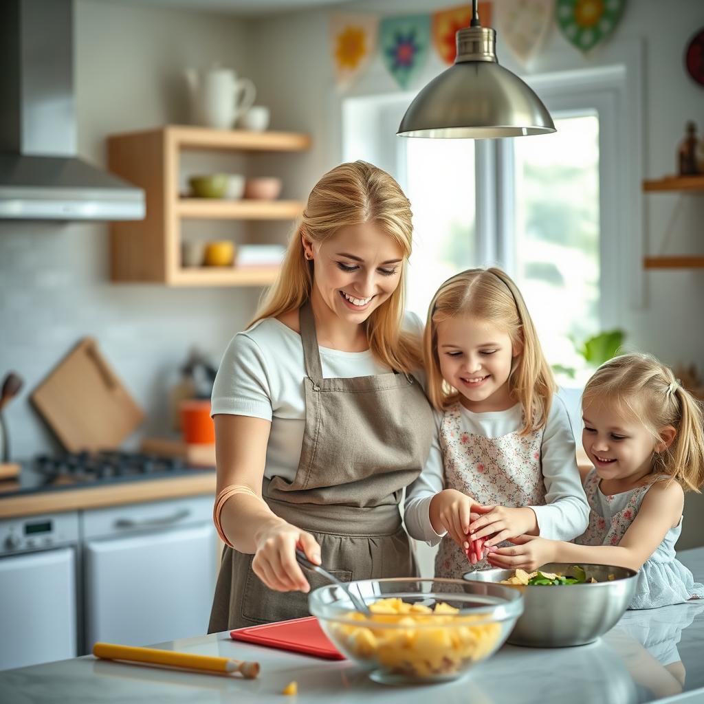 A joyful scene of a blonde mother cooking in a bright, cheerful kitchen with her two daughters