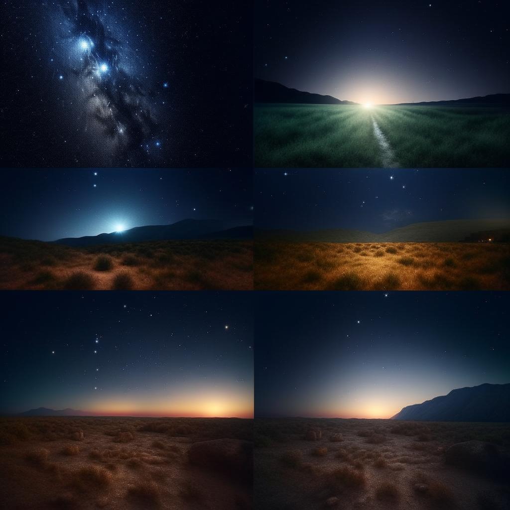 Provide a series of enhanced and realistic images capturing the ephemeral beauty of a starry night under the moonlight, showcasing the sequence from moonrise to moonset.