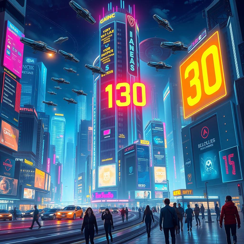 A vibrant digital artwork depicting a futuristic cityscape at night, featuring towering skyscrapers adorned with neon lights and holographic advertisements