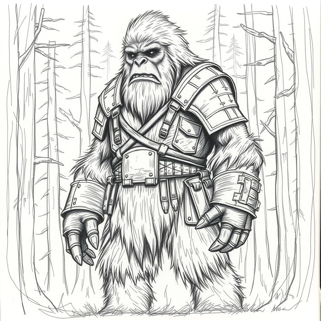A Bigfoot-like creature depicted in a crude pencil sketch style, wearing leather armor that looks rugged and aged