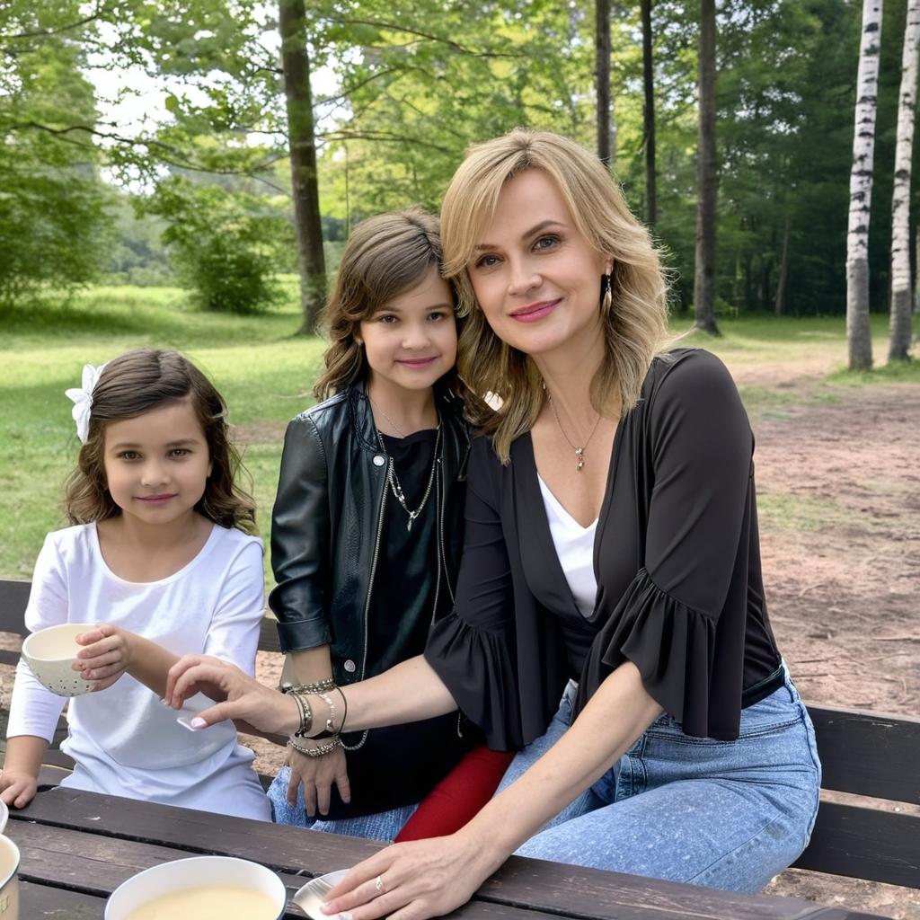 Blonde Mother cooking with her 2 young brunette daughters