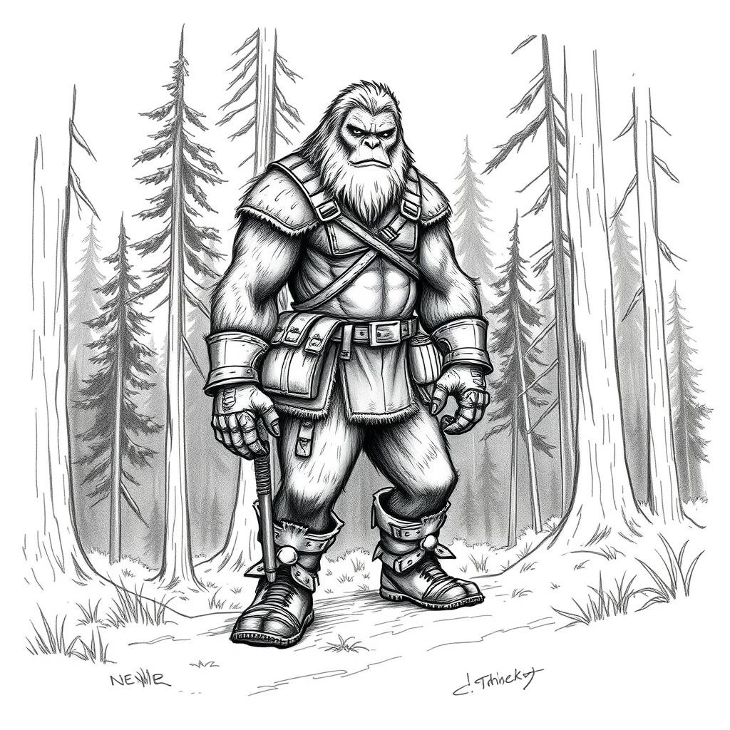 A Bigfoot-like creature standing in a forest, wearing rugged leather armor and sturdy leather boots, exuding an adventurous vibe