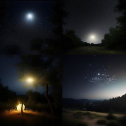 Provide a series of enhanced and realistic images capturing the ephemeral beauty of a starry night under the moonlight, showcasing the sequence from moonrise to moonset.