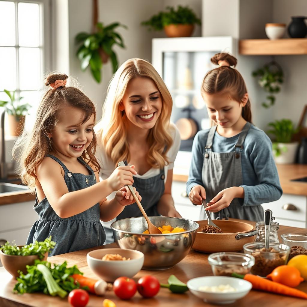 A warm and inviting kitchen scene where a blonde mother is joyfully cooking with her two daughters