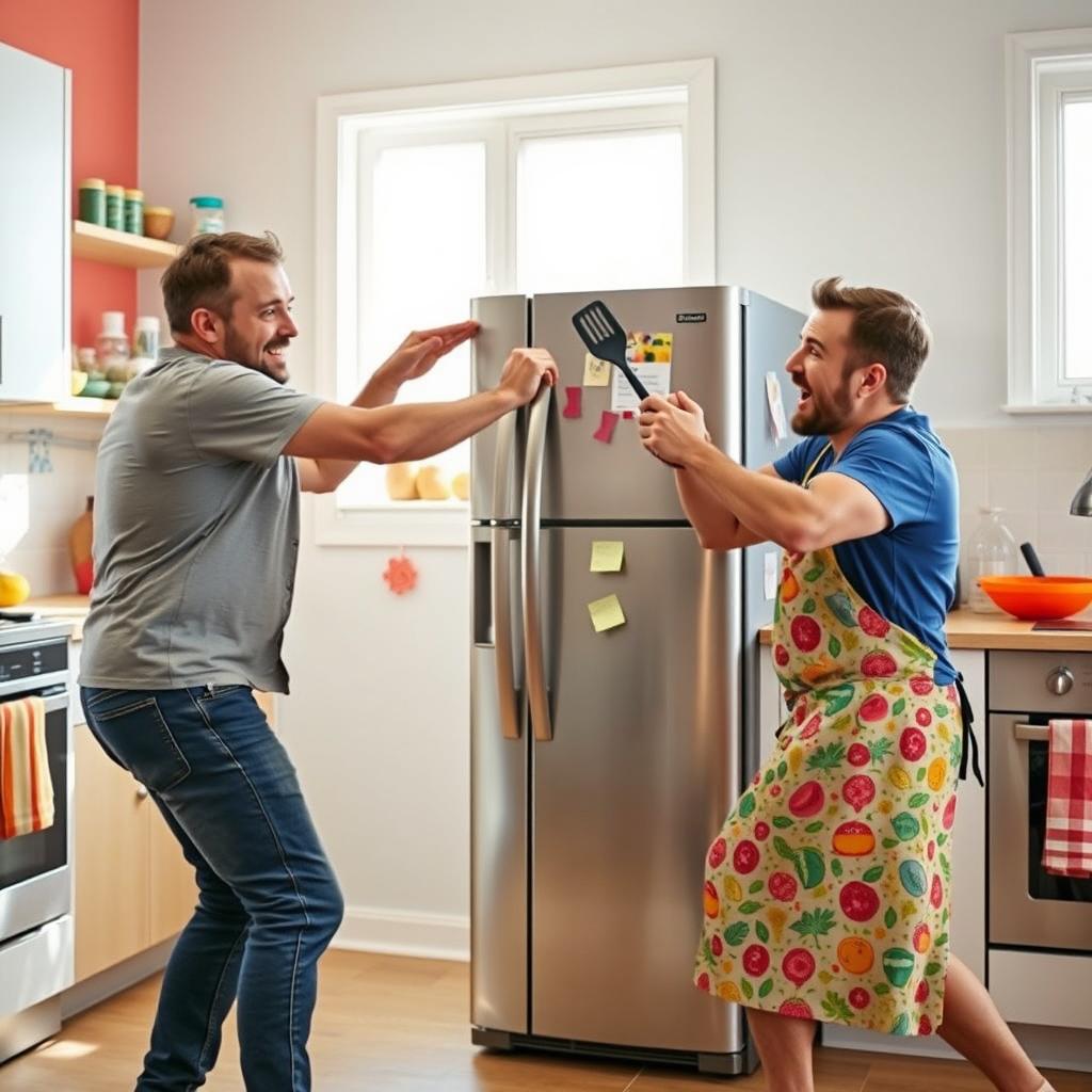 A humorous scene depicting two men playfully fighting with a refrigerator in a bright, well-lit kitchen