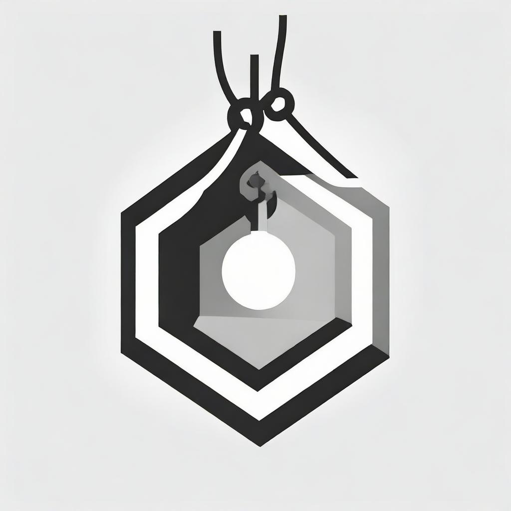 A high contrast, black and white vector-style illustration of a pendant in the shape of a hexagon on a white background. Use a simple, flat design and line art style, with no colors.