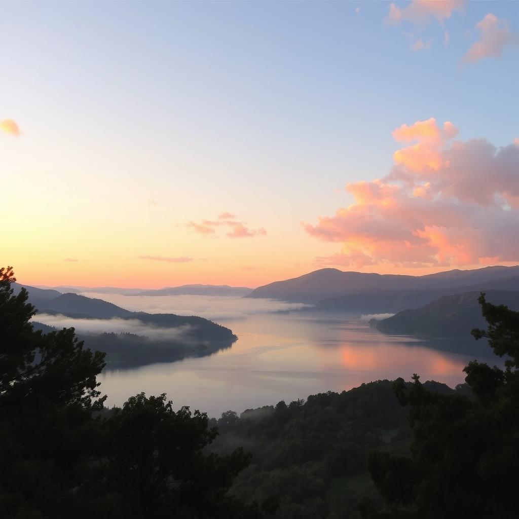 A serene view of a tranquil lake surrounded by lush green mountains at sunset, with soft pink and golden hues reflecting on the water surface