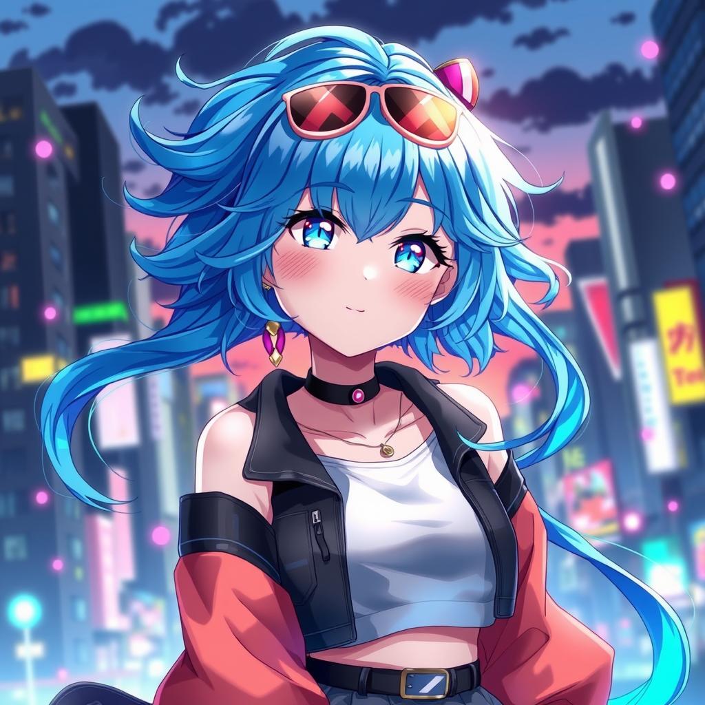 A stunning anime girl named Toki with vibrant blue hair styled in flowing waves