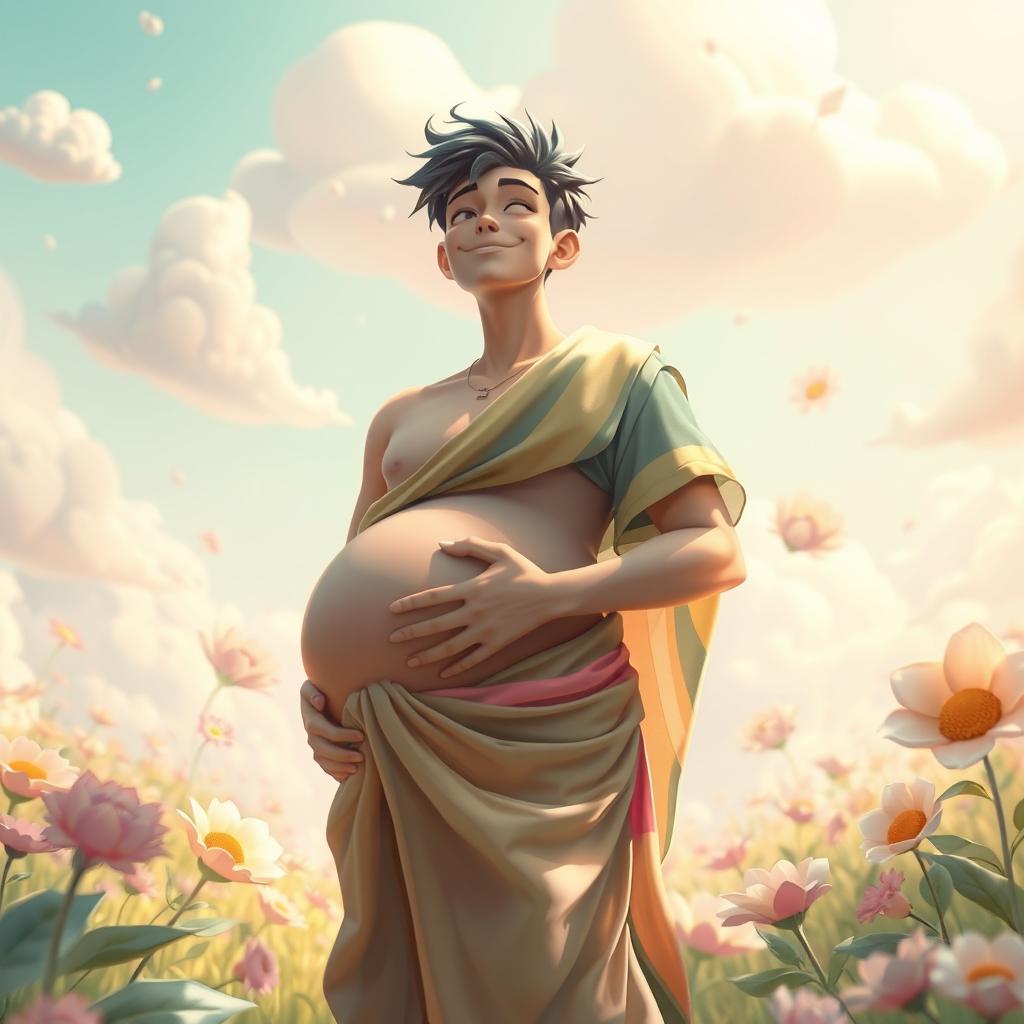 An imaginative portrayal of a male character experiencing pregnancy, showcasing a stylized, whimsical approach to the concept
