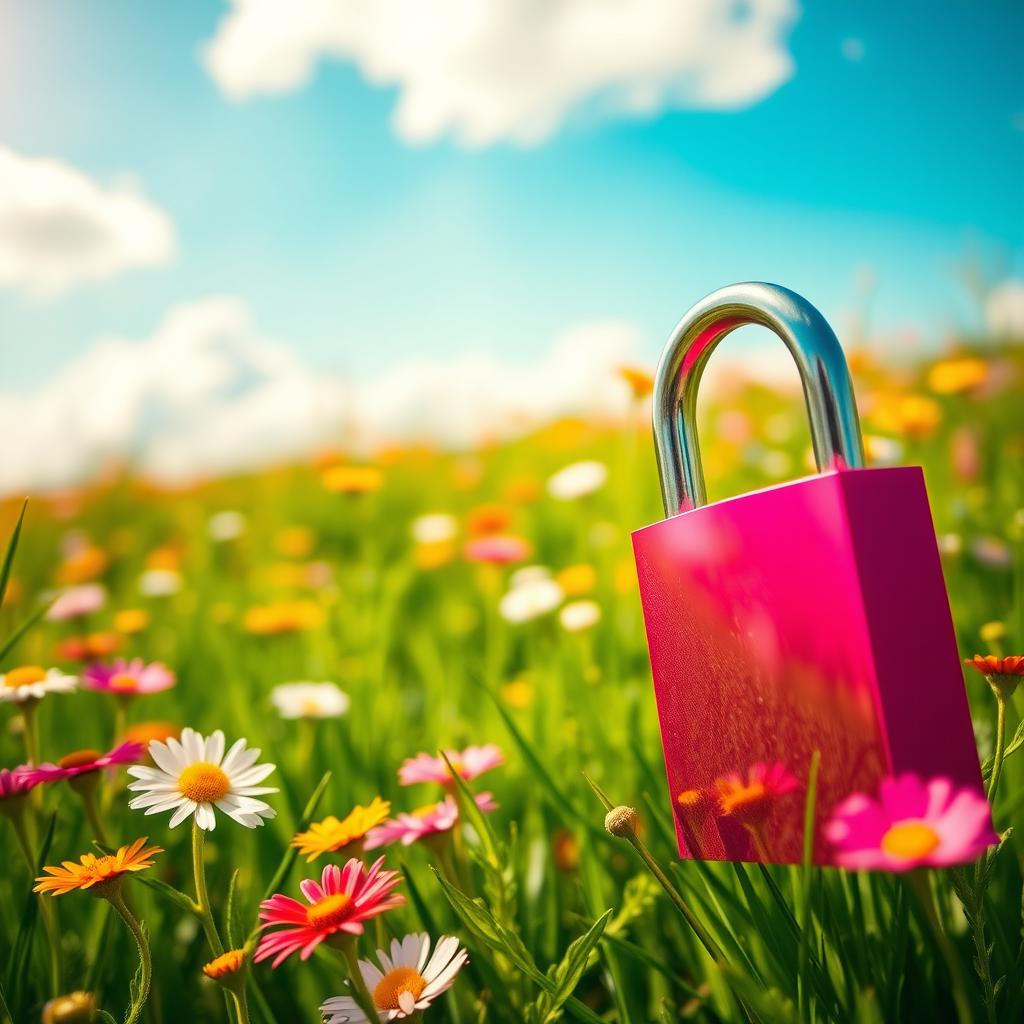 A bright pink padlock prominently displayed in a lush green meadow filled with colorful wildflowers