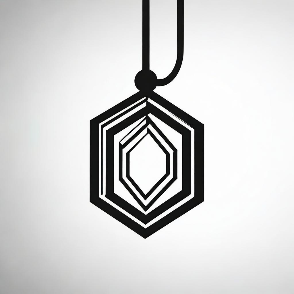 A high contrast, black and white vector-style illustration of a pendant in the shape of a hexagon on a white background. Use a simple, flat design and line art style, with no colors.