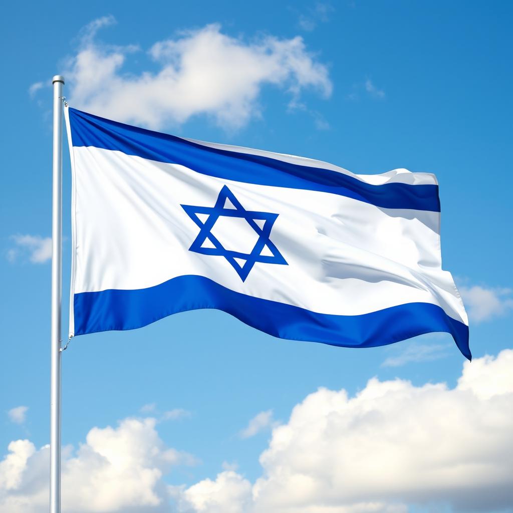 An Israeli flag waving from bottom to top, flowing from left to right, at an approximate angle of 65 degrees