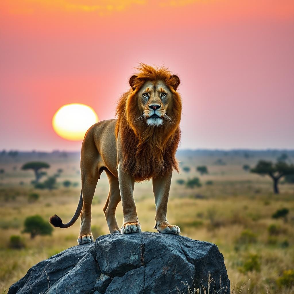 A majestic lion standing proudly on a rocky outcrop, its golden mane blowing in the wind