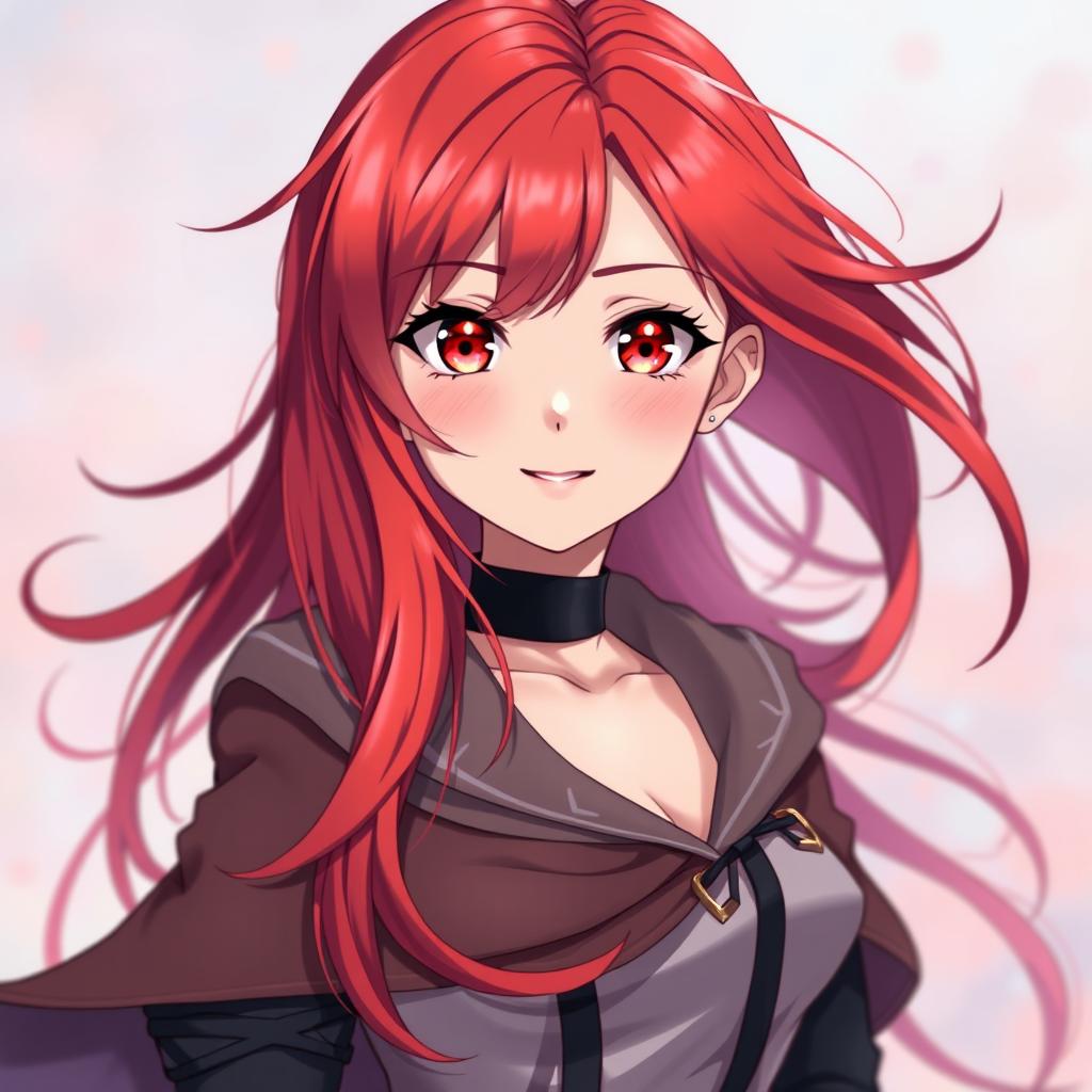 A striking anime-style portrait of a female character with vibrant red hair flowing elegantly around her shoulders