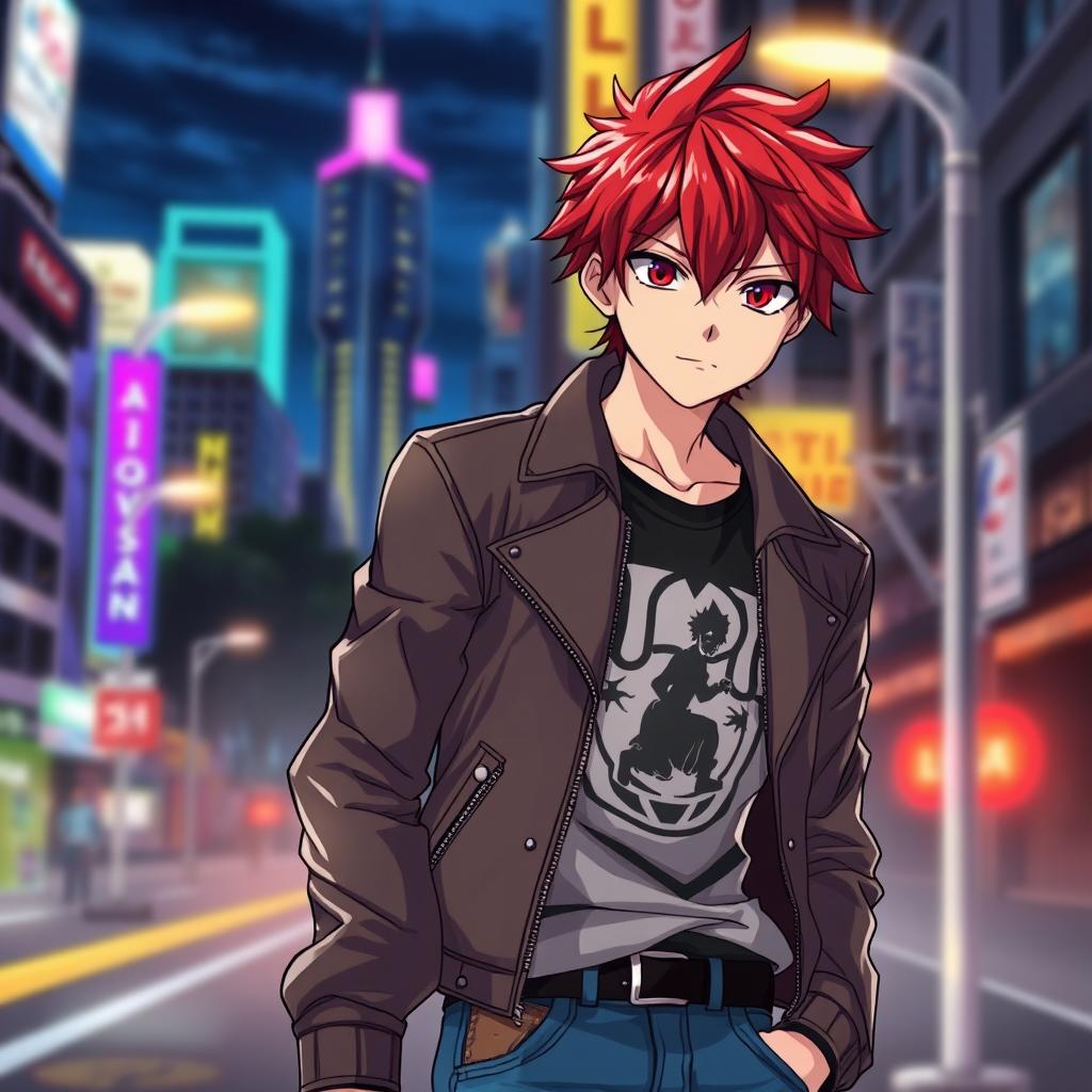 A handsome anime male character with striking red hair styled in a cool, edgy cut