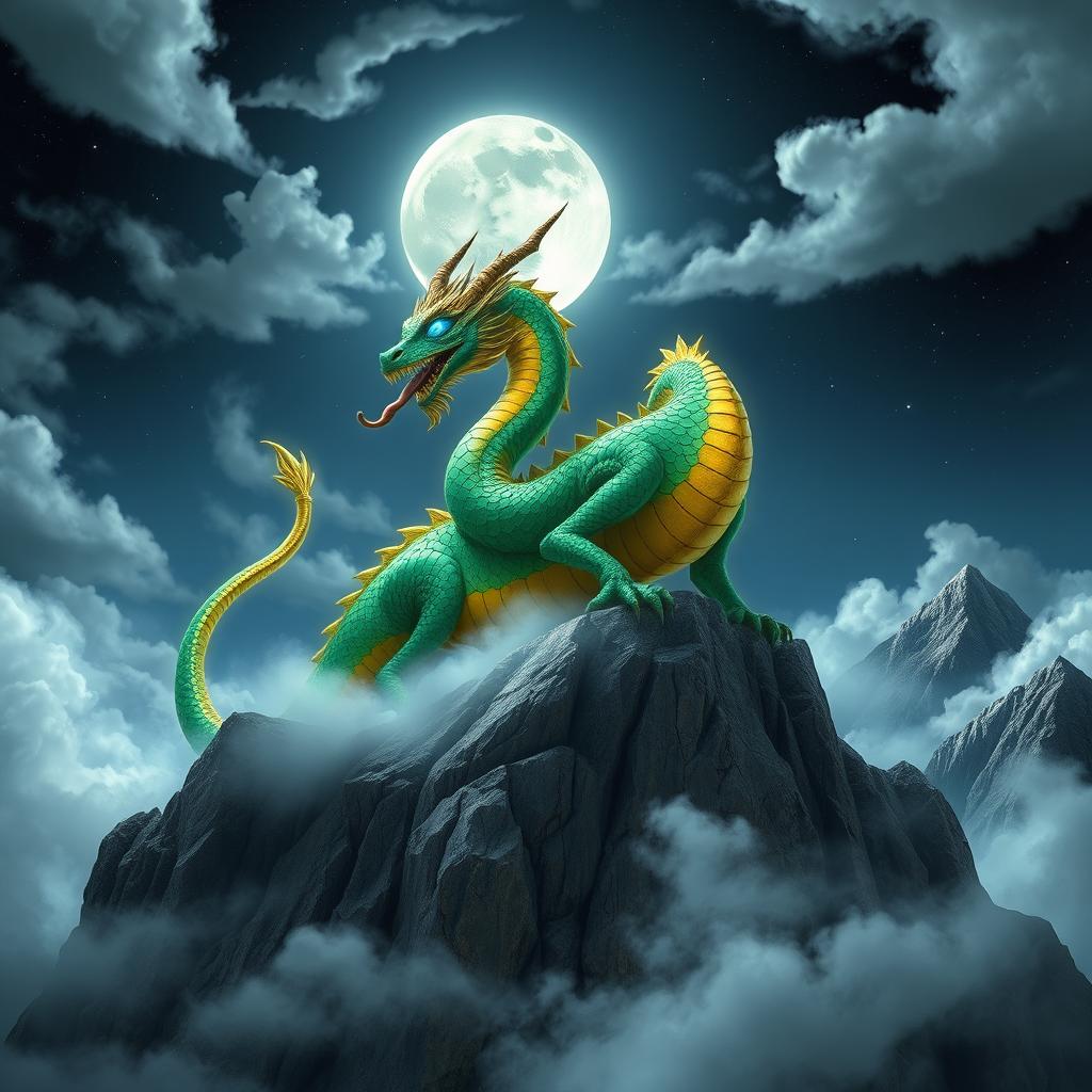 A majestic dragon god perched atop a craggy mountain peak, scales shimmering in bright emerald green and gold